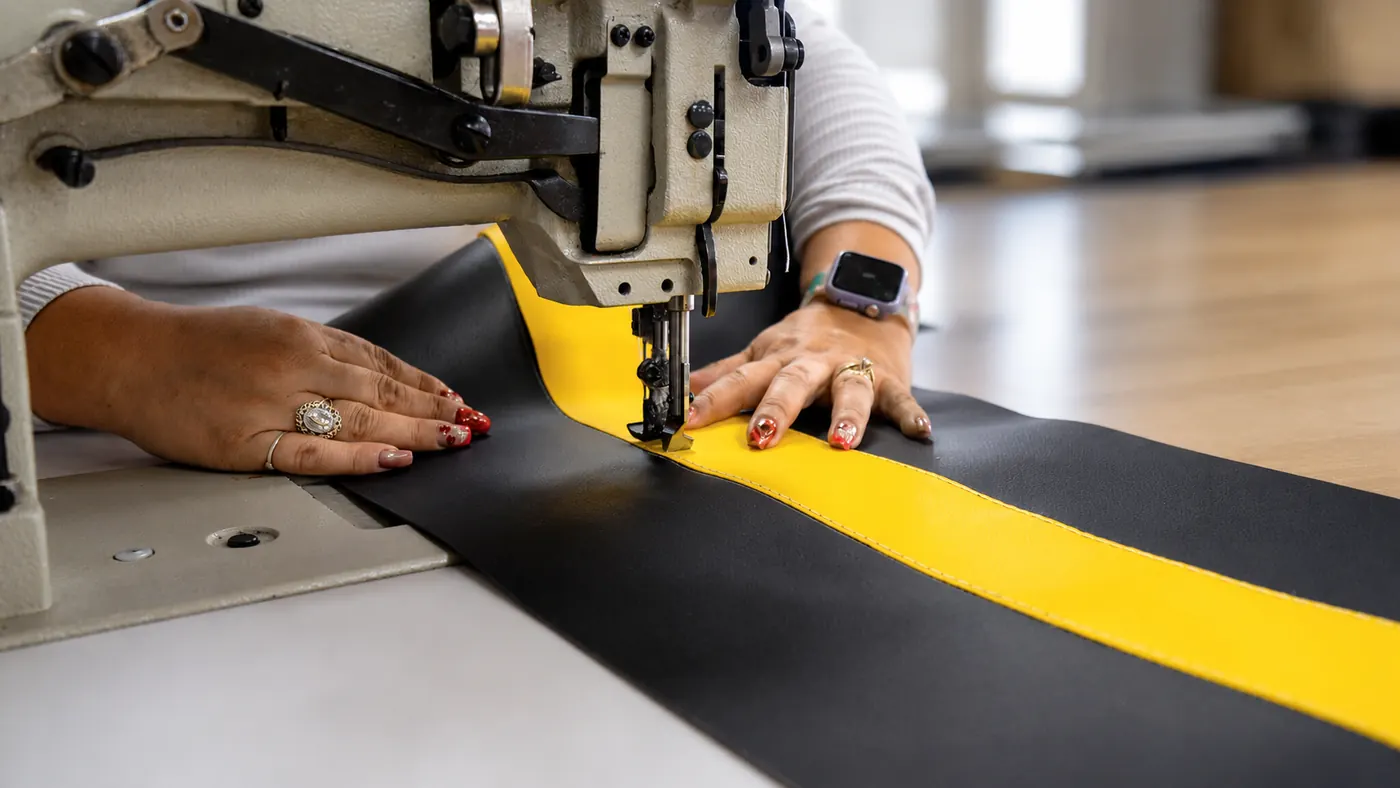 Sewing a custom dock seal by hand in the Dock Seal Supply shop, Tyler TX