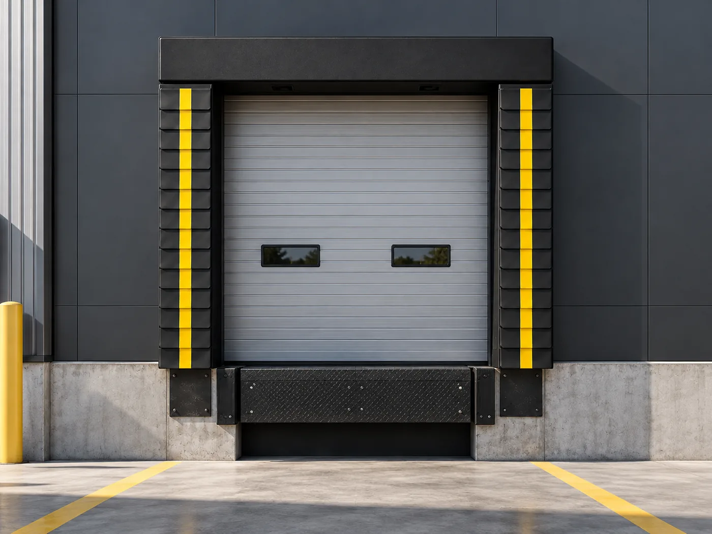 Loading dock door with a custom compression dock seal, straight-on view