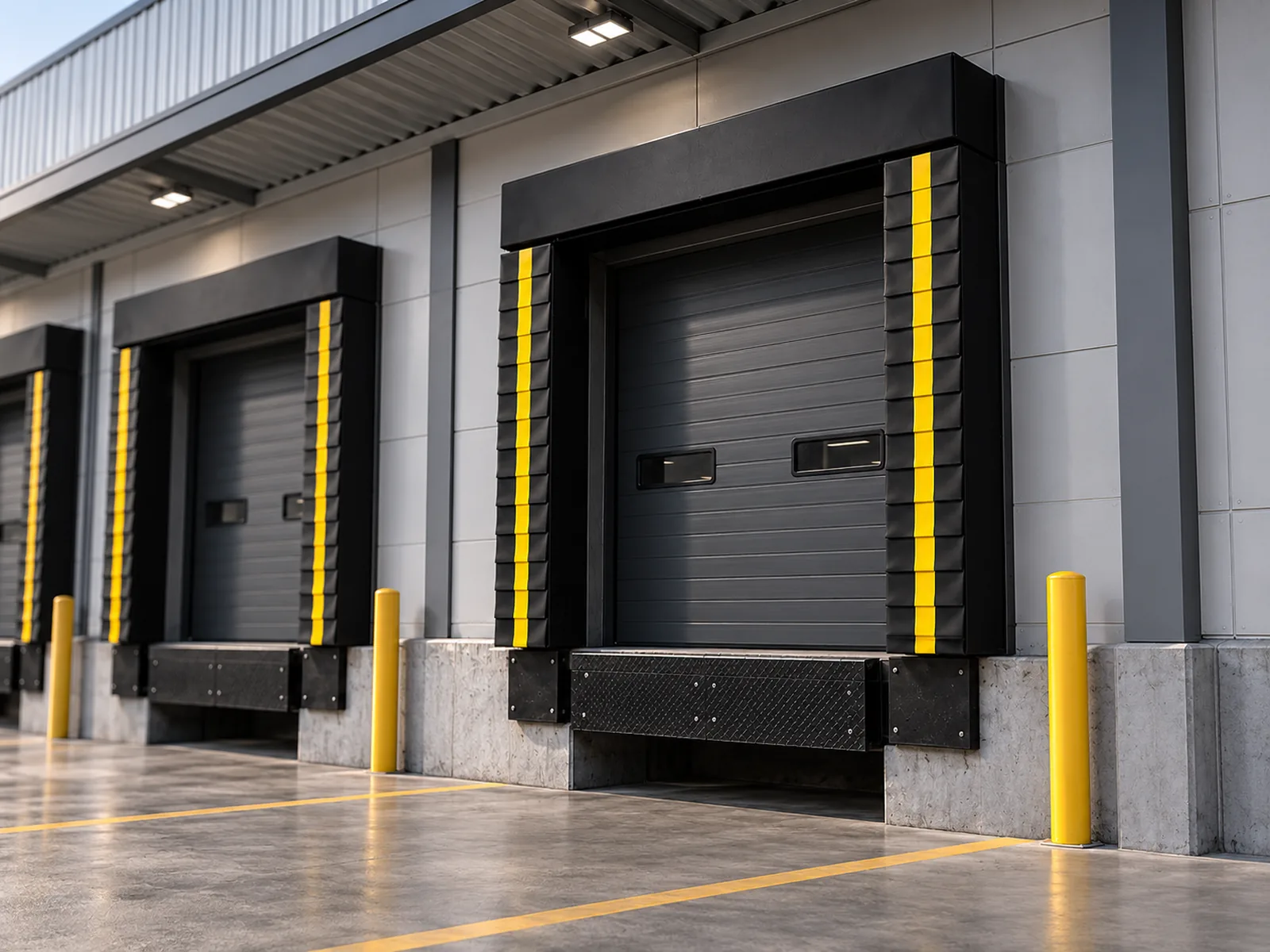 A row of loading dock doors fitted with custom compression dock seals