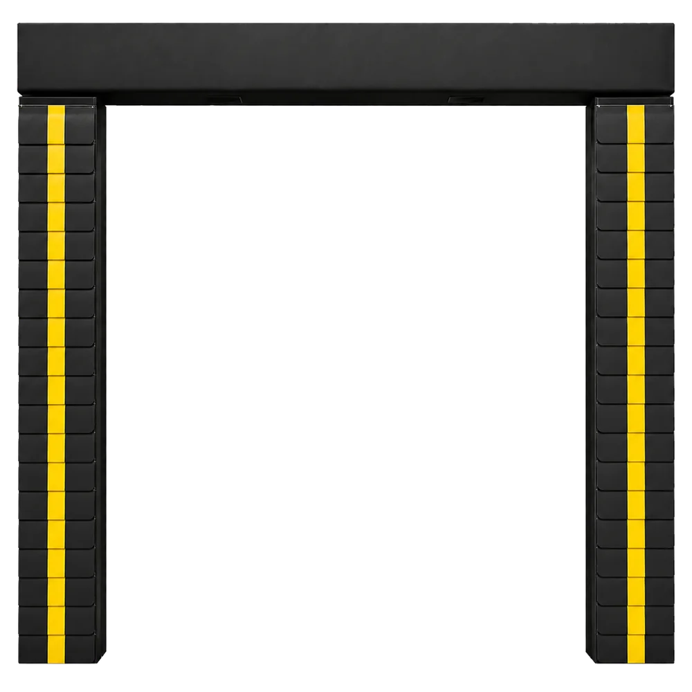 Dock seal construction cutaway — high-density foam beams, 40-oz vinyl shell, yellow trailer guide stripes