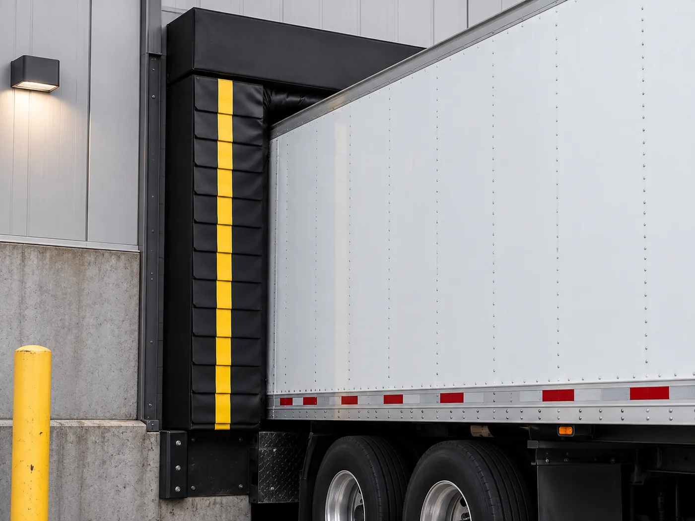 Dock seal compressed against a docked trailer, sealing the gap