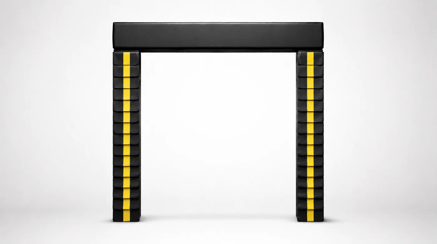 Custom compression loading dock seal by Dock Seal Supply — black vinyl with high-visibility yellow center stripes